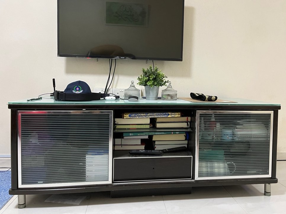 Glass Top TV Console with sliding doors and light display, Furniture