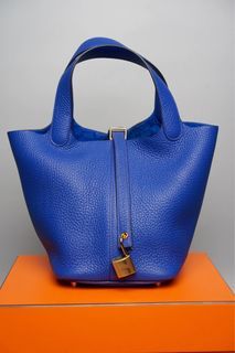 Hermès Picotin Lock Caban Clemence 18 Gold Hardware, 2023 (Like New), Blue Womens Handbag
