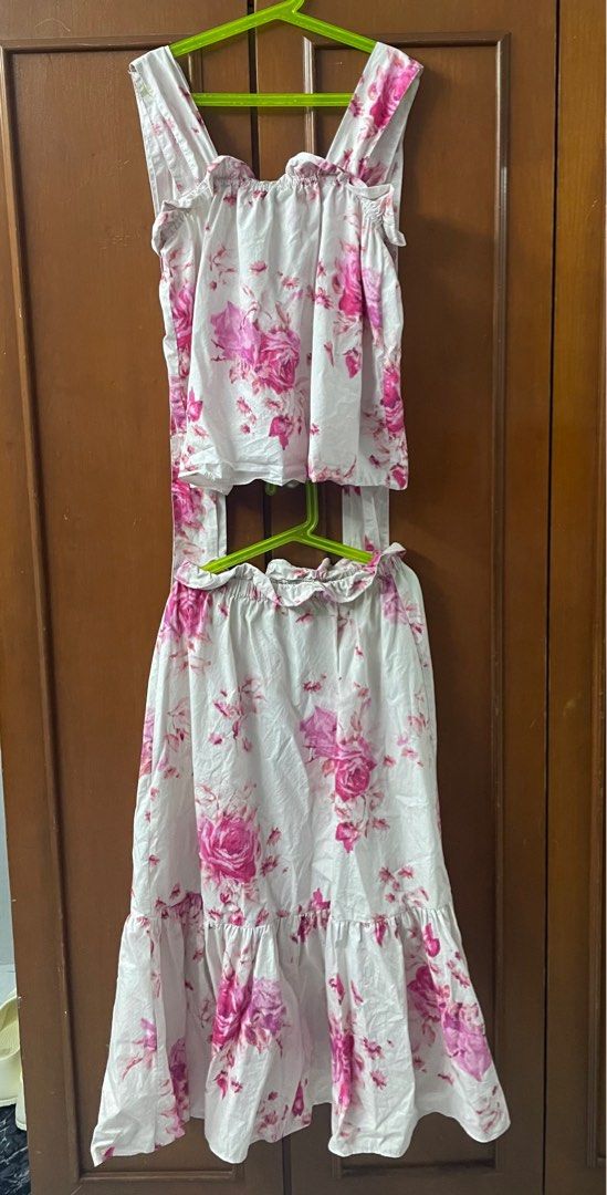 SET) H&M floral print lace tie up ribbon elastic ruffle top