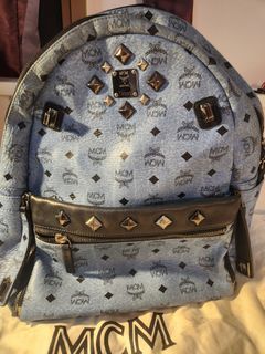 MCM Blue Coated Canvas and Leather Large Studs Stark Backpack MCM