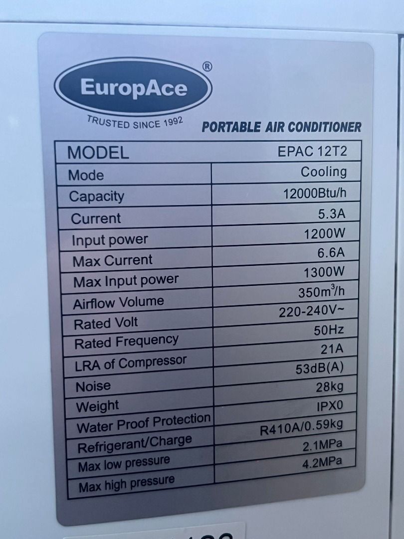 Portable Airconditioner (AC) Europace EPAC12T2 12K BTU Efficient and