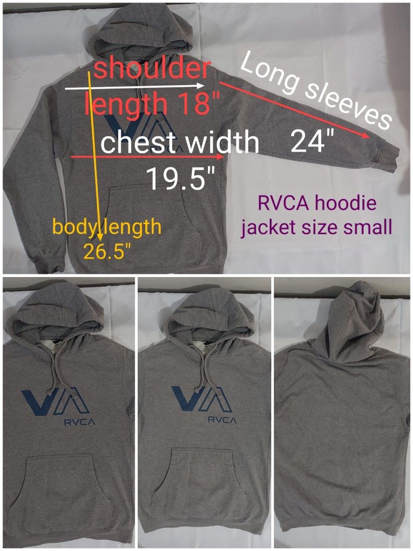 RVCA Cotton Hoodie Jacket Size Small (Category: Hoodies) located in Cebu City. Submitted by piyok69 (Listing ID 1258618190, Image 1). Description: P 1,200.00 good condition no issues size :small dimensions: cw: 19.5" sL: 18" Ls: 24" bL: 26.5" # RVCA hoodie.