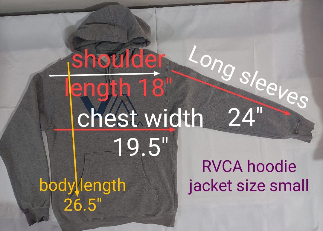 RVCA Cotton Hoodie Jacket Size Small (Category: Hoodies) located in Cebu City. Submitted by piyok69 (Listing ID 1258618190, Image 2). Description: P 1,200.00 good condition no issues size :small dimensions: cw: 19.5" sL: 18" Ls: 24" bL: 26.5" # RVCA hoodie.