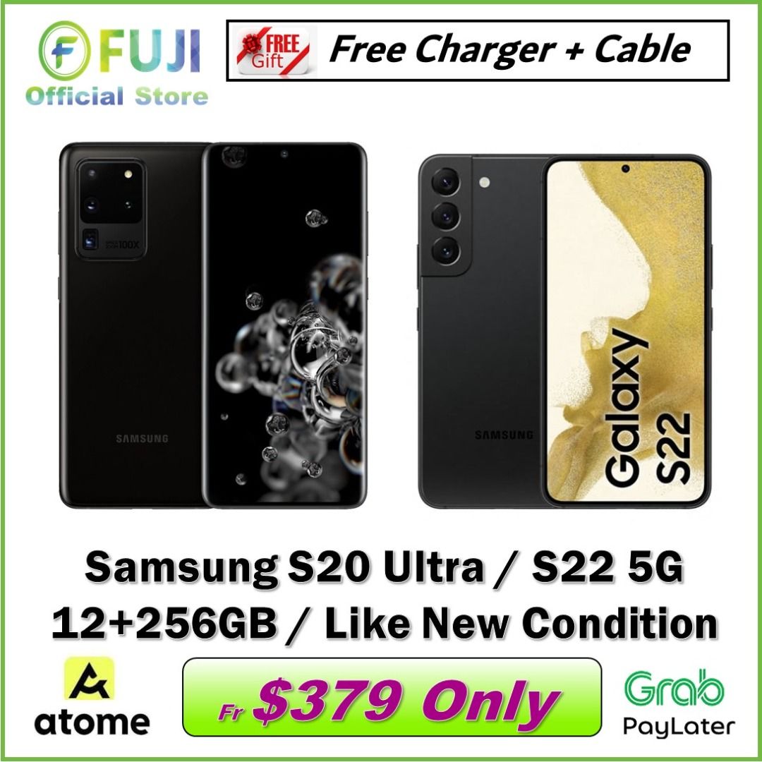 Samsung S20 Ultra (5G) / S22 (5G) - 256GB - 12GB RAM - 100% Original Set - Very New Condition - Snapdragon Processor - Cheapest in Town! (Category: Samsung) located in Singapore. Submitted by buyatfuji (Listing ID 1258582828, Image 1). Description: Click here for more special deal !! https://carousell.app.link/56rqQf3lCub 🎀 Samsung S20 Ultra 5G - $379 ** 128GB + 12GB RAM 🎀 Samsung S22 5G - $539 ** 256GB + 8GB RAM Specifications: Single Sim Snap