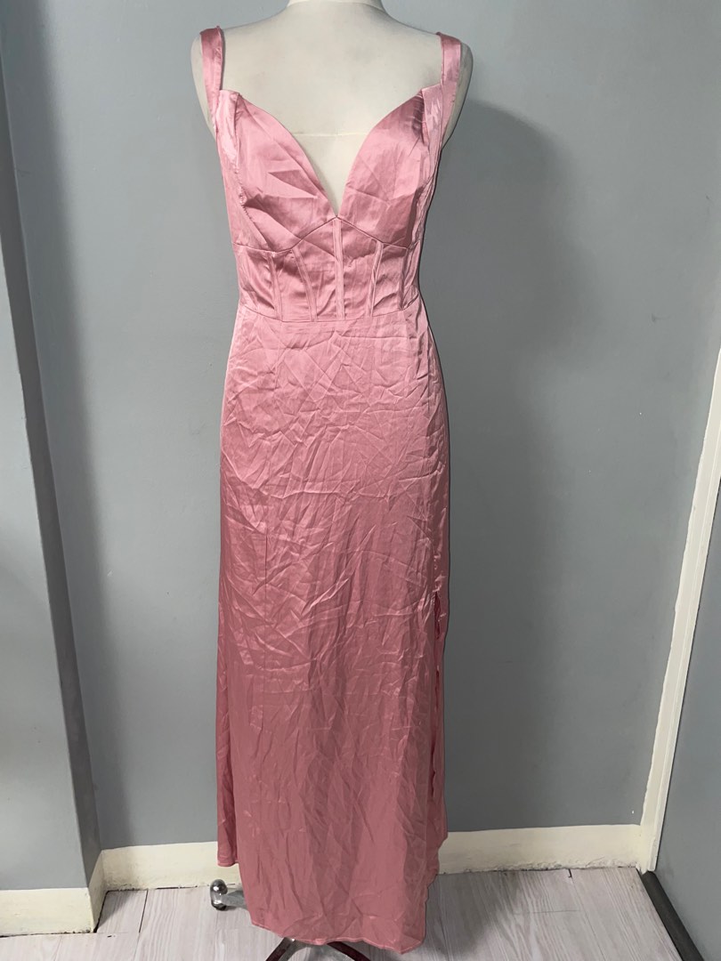 Shein curve blush pink satin corset style long dress, Women's Fashion