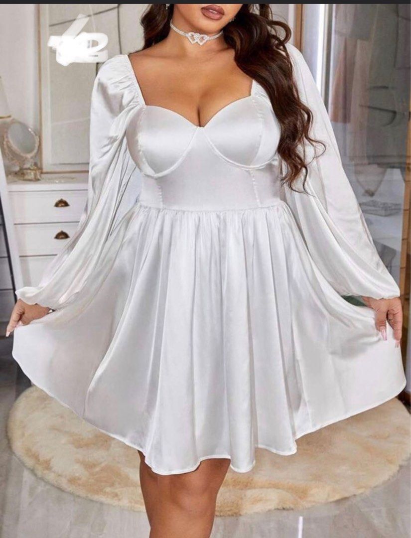 shein white satin dress SHEIN Plus Sweetheart Neck Lantern Sleeve Bustier Satin Dress | SHEIN USA