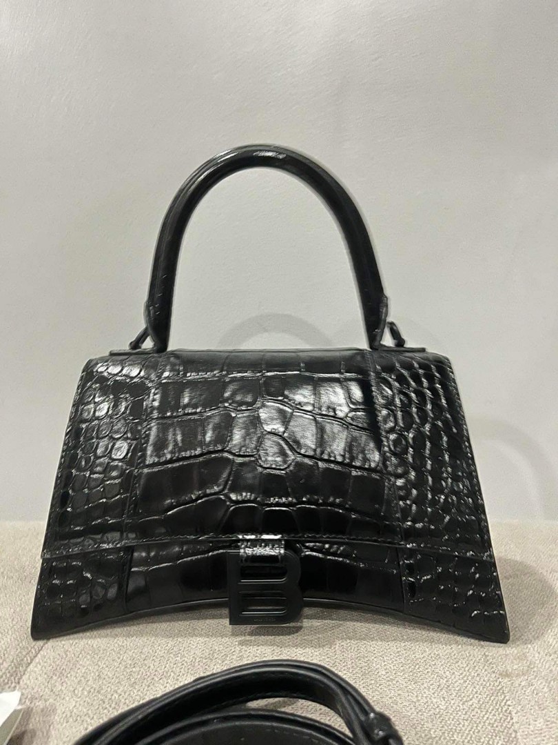 Balenciaga Black Embossed Leather Hourglass Small Top Handle Bag