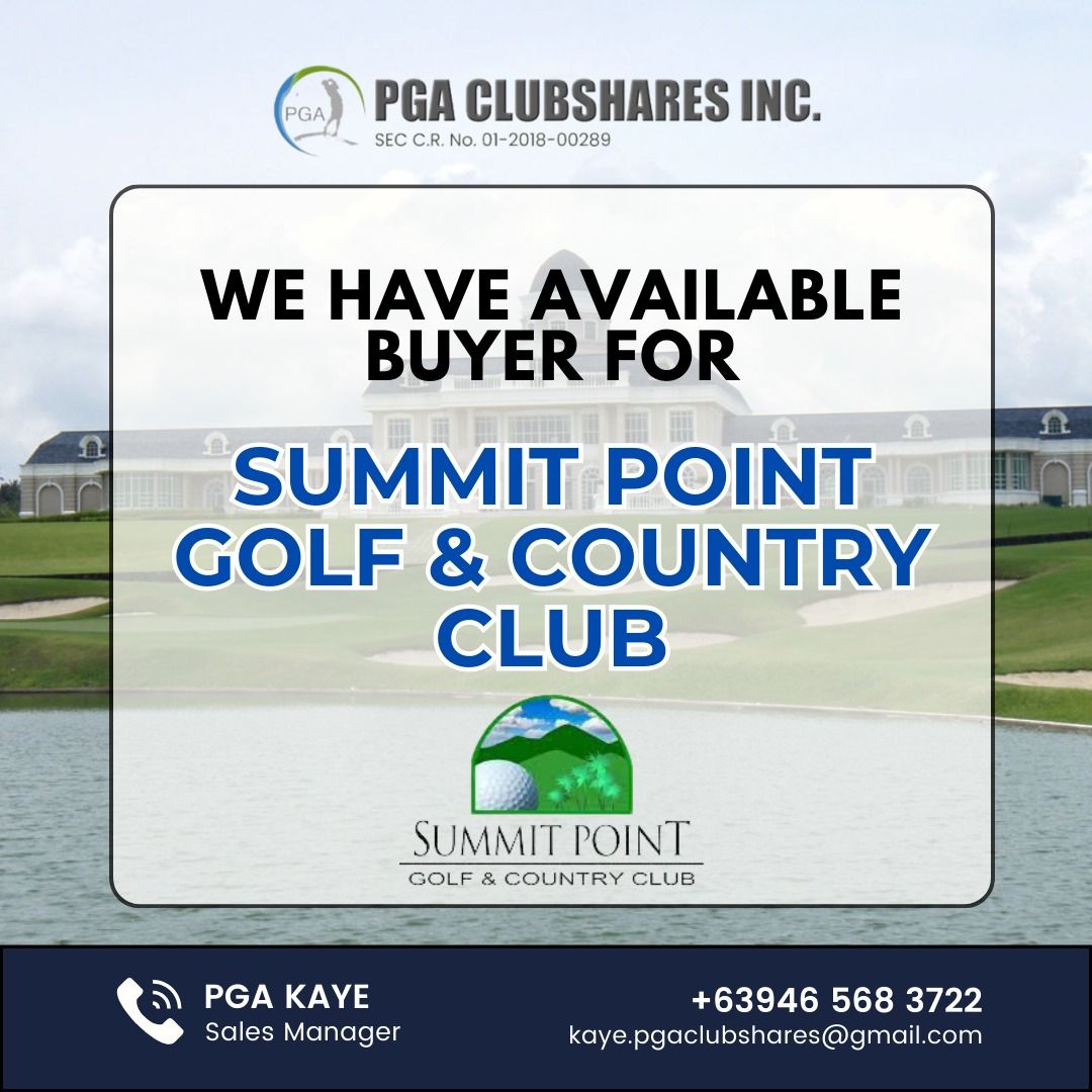 SUMMIT POINT G&CC SHARE SELLER (Category: Golf) located in Muntinlupa City. Submitted by kaye.pgaclubshares (Listing ID 1258556599, Image 1). Description: WE ARE LOOKING FOR "SELLERS" OF SUMMIT POINT GOLF AND COUNTRY CLUB SHARE! Ready to sell your share? Message me: 09465683722 kaye.pgaclubshares@gmail.com.