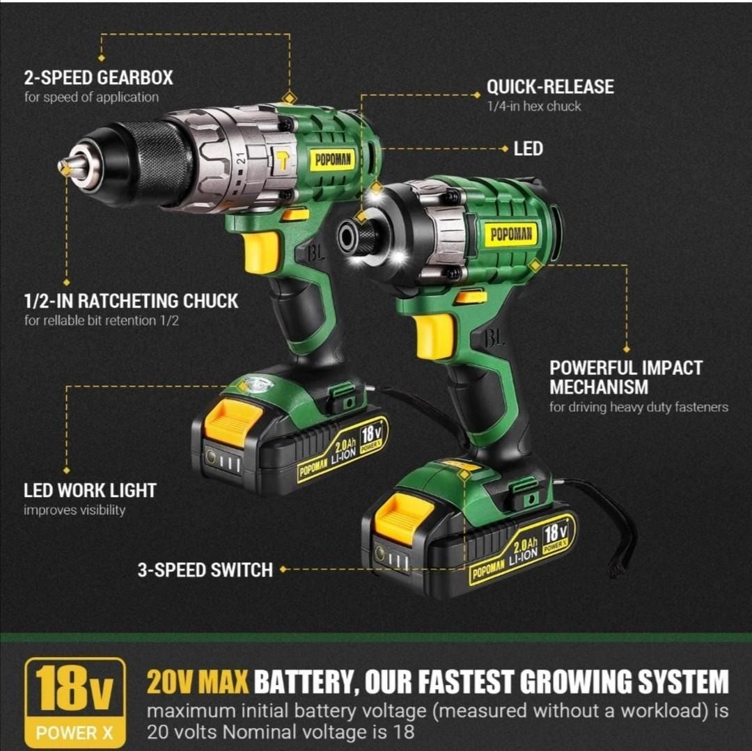 Popoman 18v drill/driver kit and impact driver, Furniture & Home Living,  Home Improvement & Organisation, Home Improvement Tools & Accessories on  Carousell