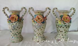 Vintage Porcelain Rose Vase Double Handle Set 3pcs (SUPER SALE!)