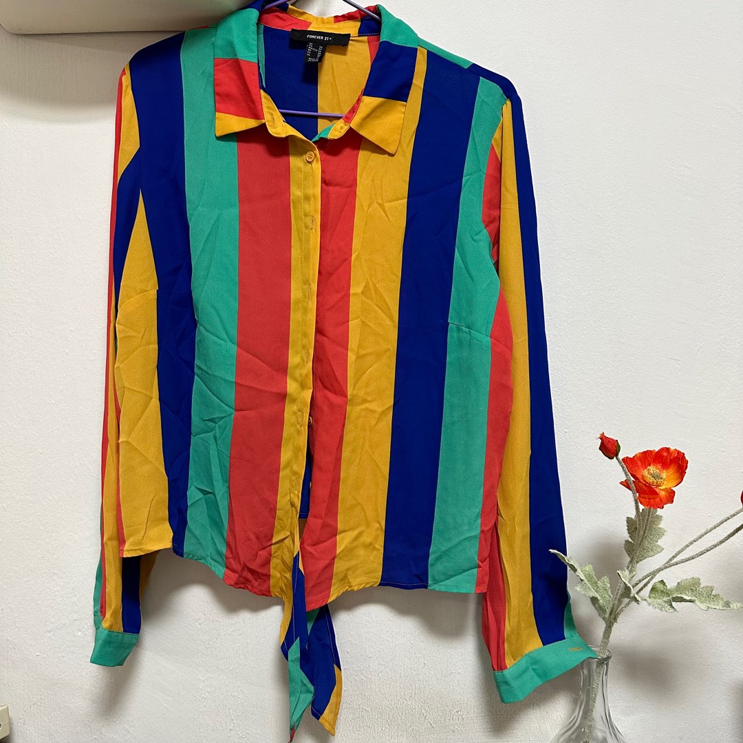 Vintage rainbow self tie striped shirt Women s Fashion Tops