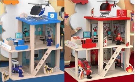 Wooden Toy Fire Station Police Station Playset Pretend Play