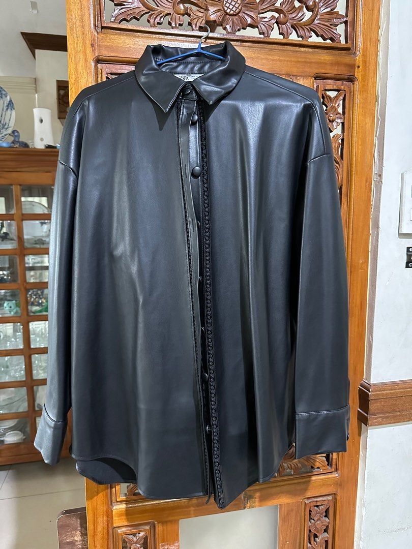 Zara Faux Leather Polo (Category: Longsleeves) located in Makati City. Submitted by grthplt (Listing ID 1258607611, Image 1). Description: Zara Faux Leather Polo Good for Fall and Winter Medium (over sized) you can layer.
