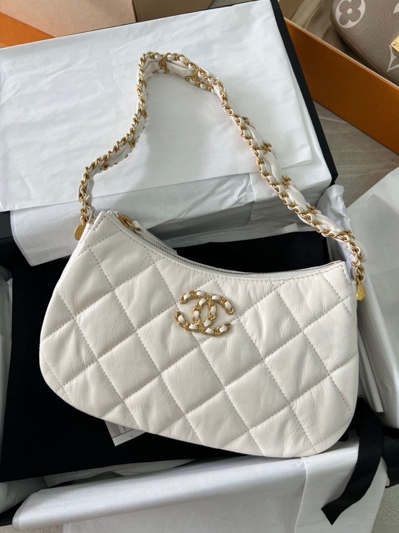 Patent Goatskin Quilted Gabrielle Small Hobo White and Gold
