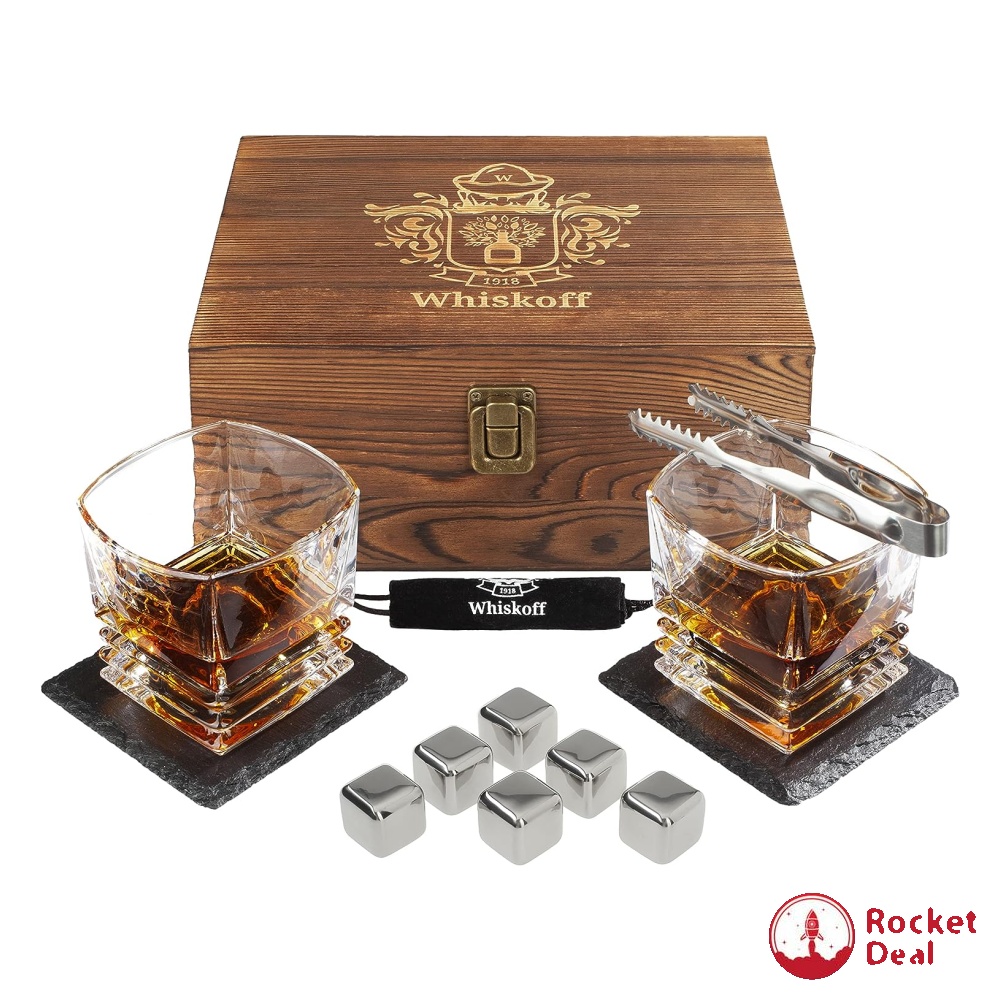 Whiskey Decanter and Stones Gift Set for Men - Whiskey Decanter, 2 Rocks  Whiskey Glasses, 8 Stainless Steel Whisky Cubes, 2 Slate Coasters, Special