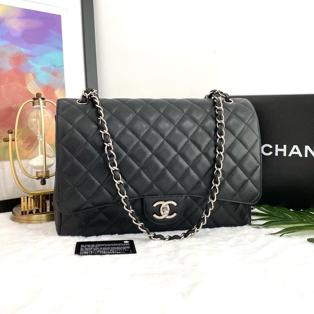 💯% Authentic Chanel Black Caviar Maxi Jumbo Double Flap in SHW, Luxury,  Bags & Wallets on Carousell