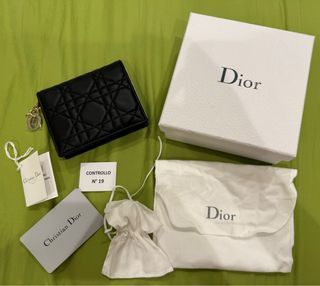保證正品 全新Christian Dior黑色藤格紋圖案羊皮迷你LADY DIOR短夾