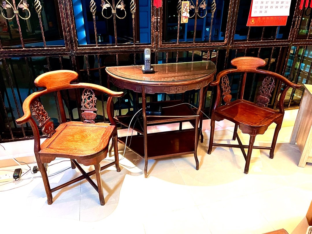 Antiques Vintage Crescent Moon Table with 2 Emperor Arm Chairs [SOLD