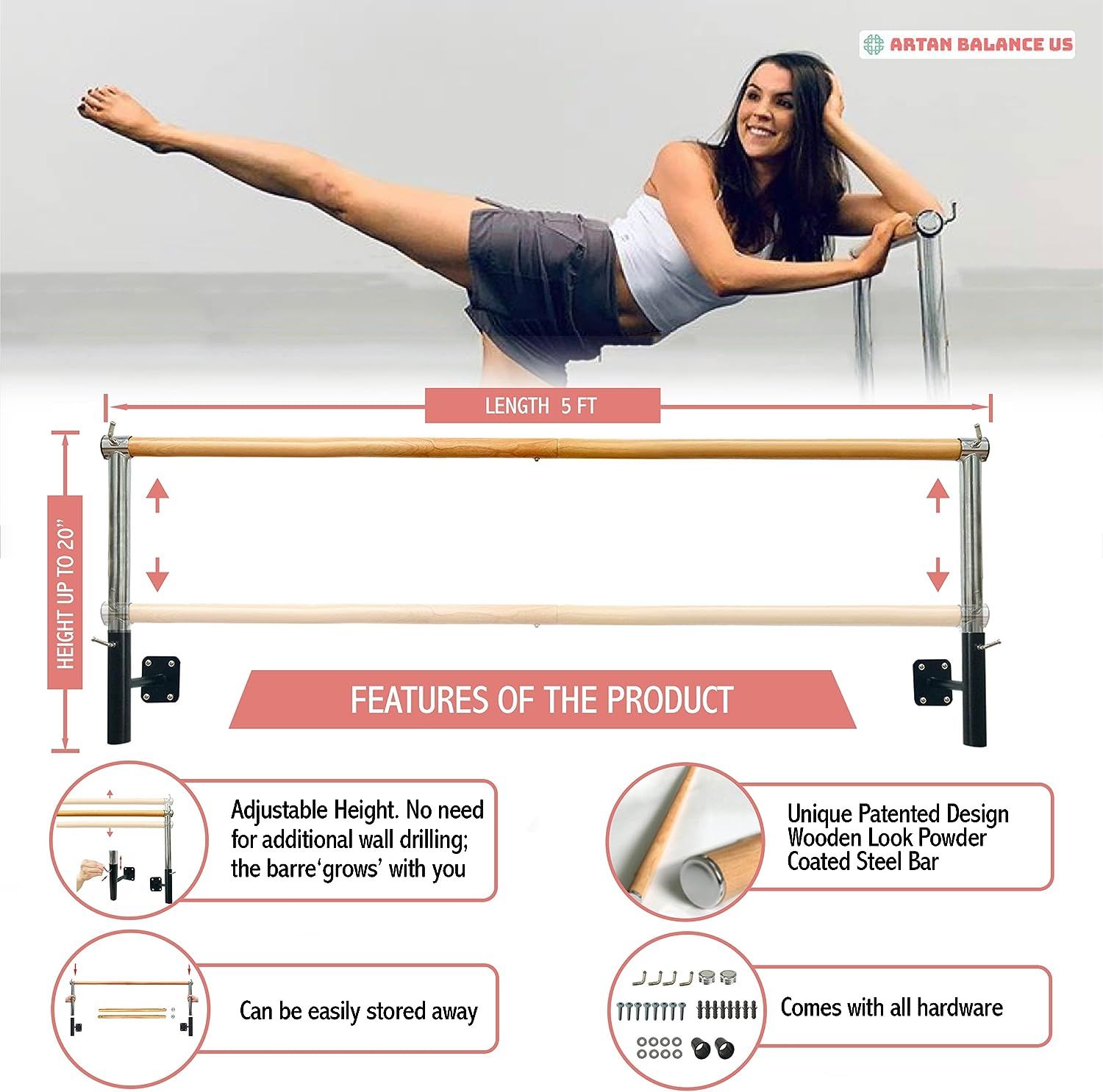 Artan Balance Ballet Barre Portable for Home or Studio Height Adjustable Bar for Stretch Pilates Dance or Active Workouts Single or Double Kids and Adults Wall mount Single Bar 5 FT Sports