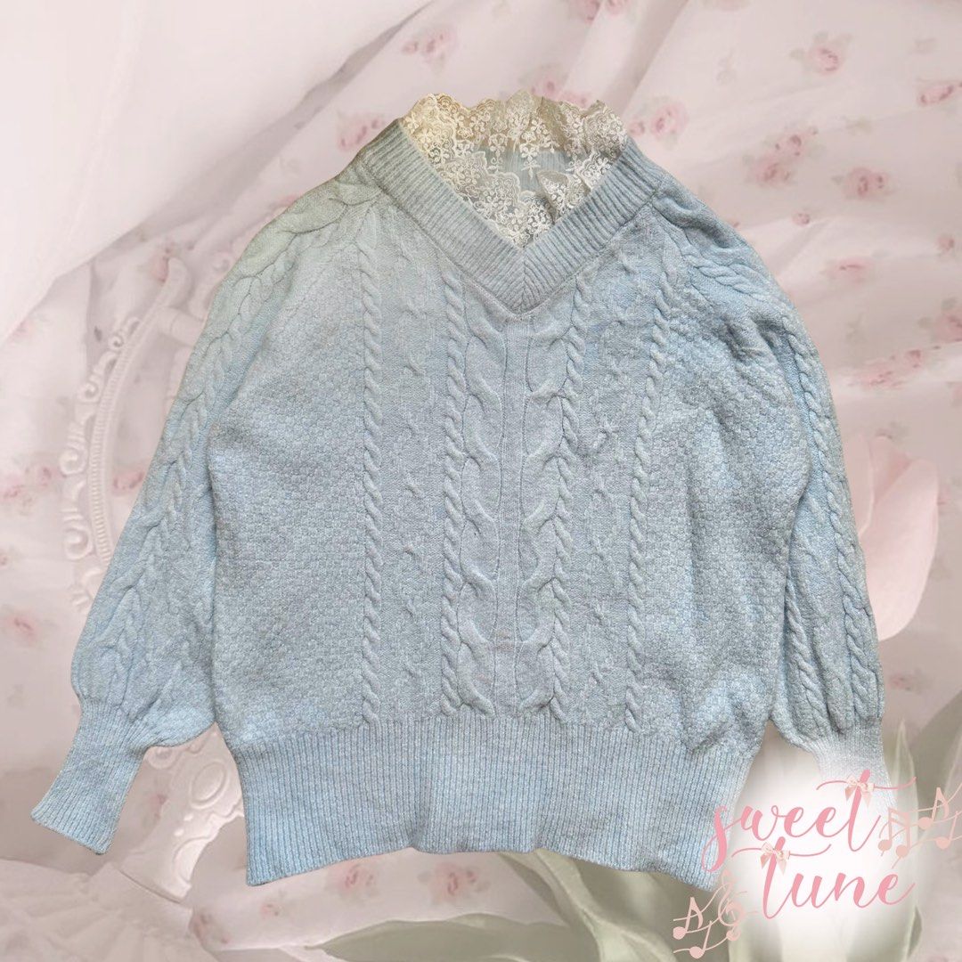 baby blue wool knit/knitted lace sweater (coquette/cinnamoroll), Women ...