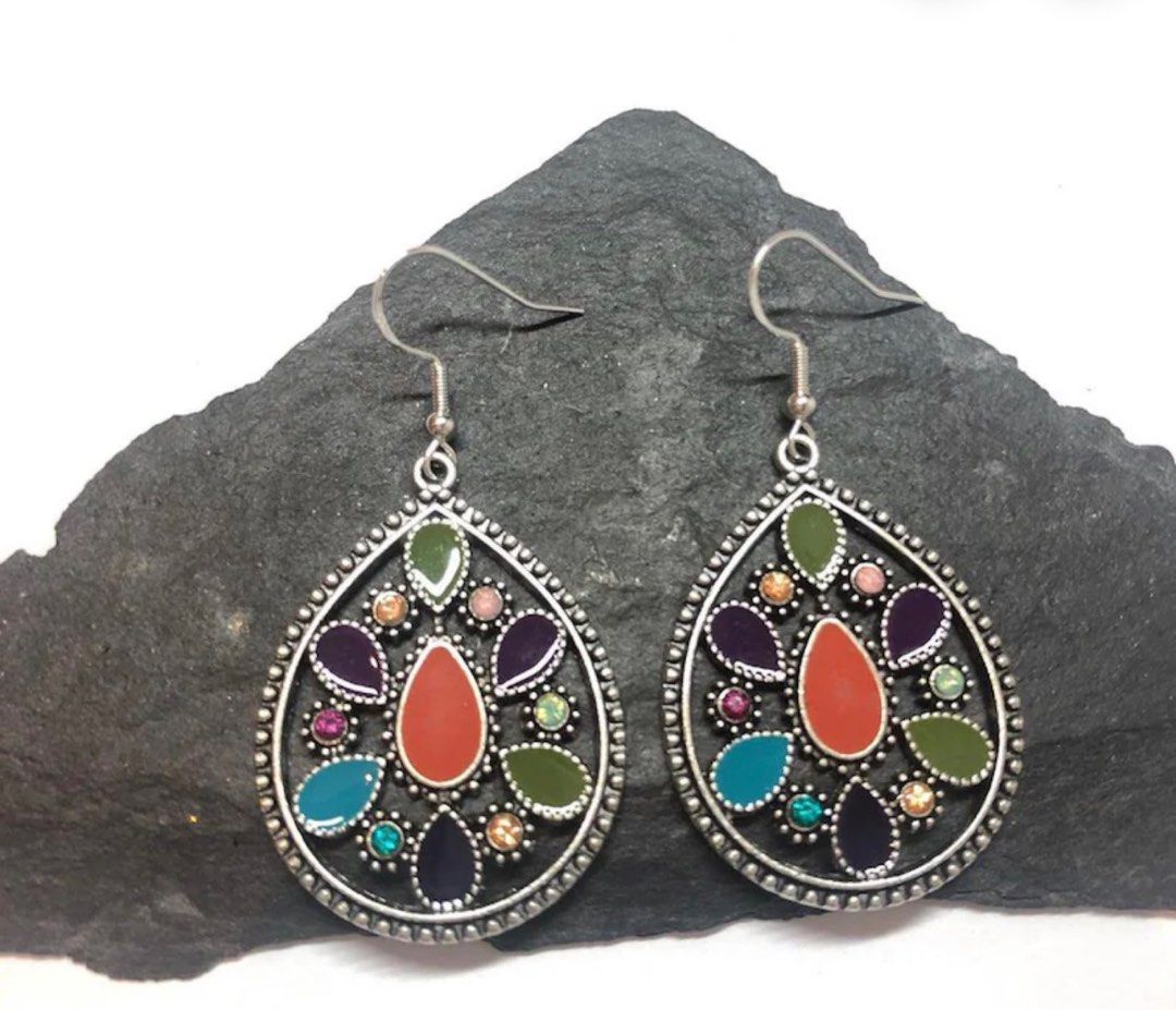 Bohemian Ethnic Gemstone Teardrop Droplet Earrings 925 Silver