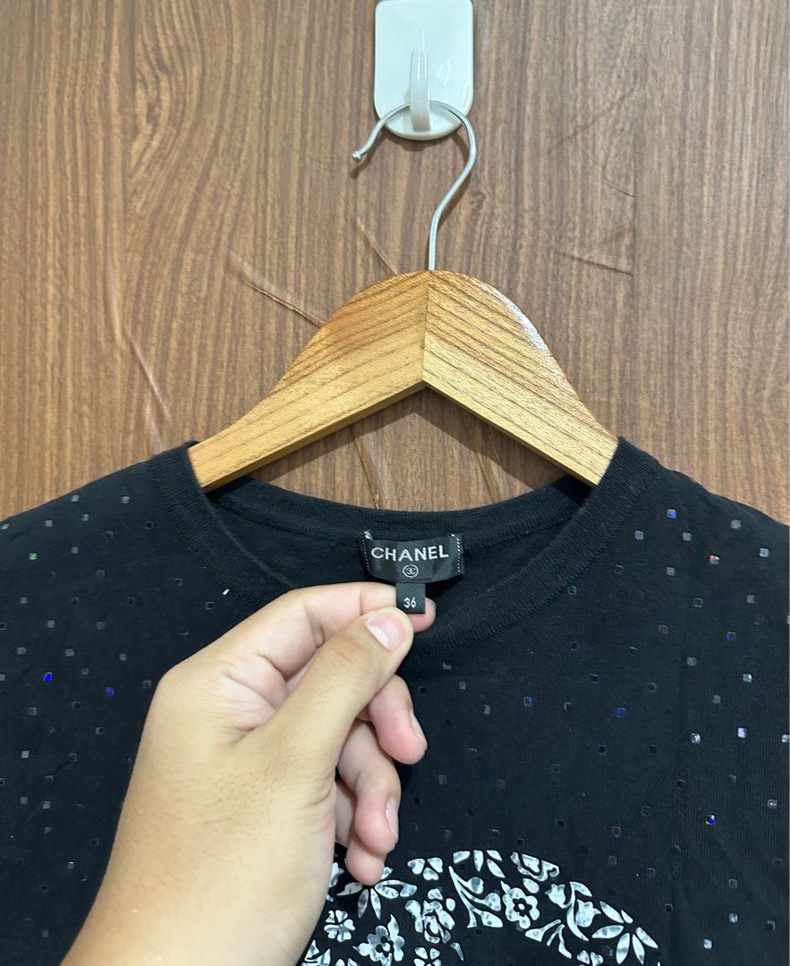 Chanel big CC logo with crystals all over details size 36 fits small  (18.5x23), Women's Fashion, Tops, Shirts on Carousell