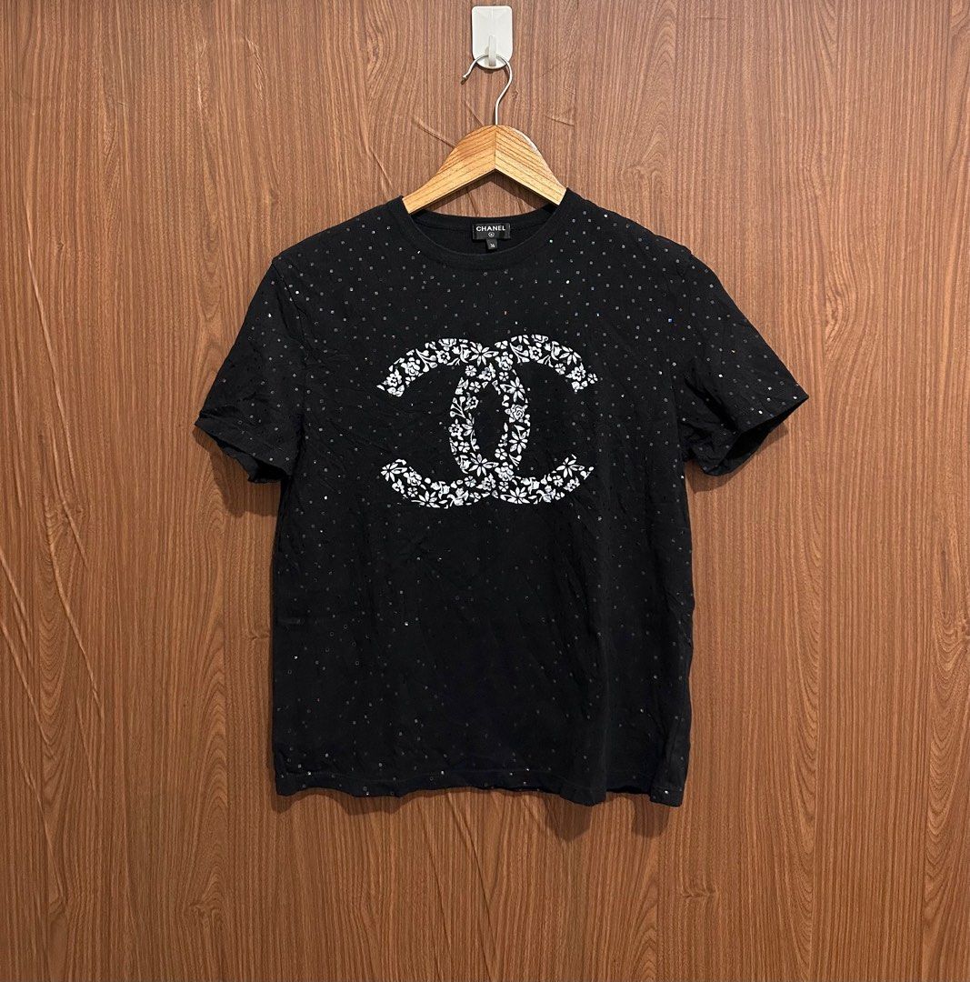 Chanel White T Shirt Size 36 With Rhinestones CC logo
