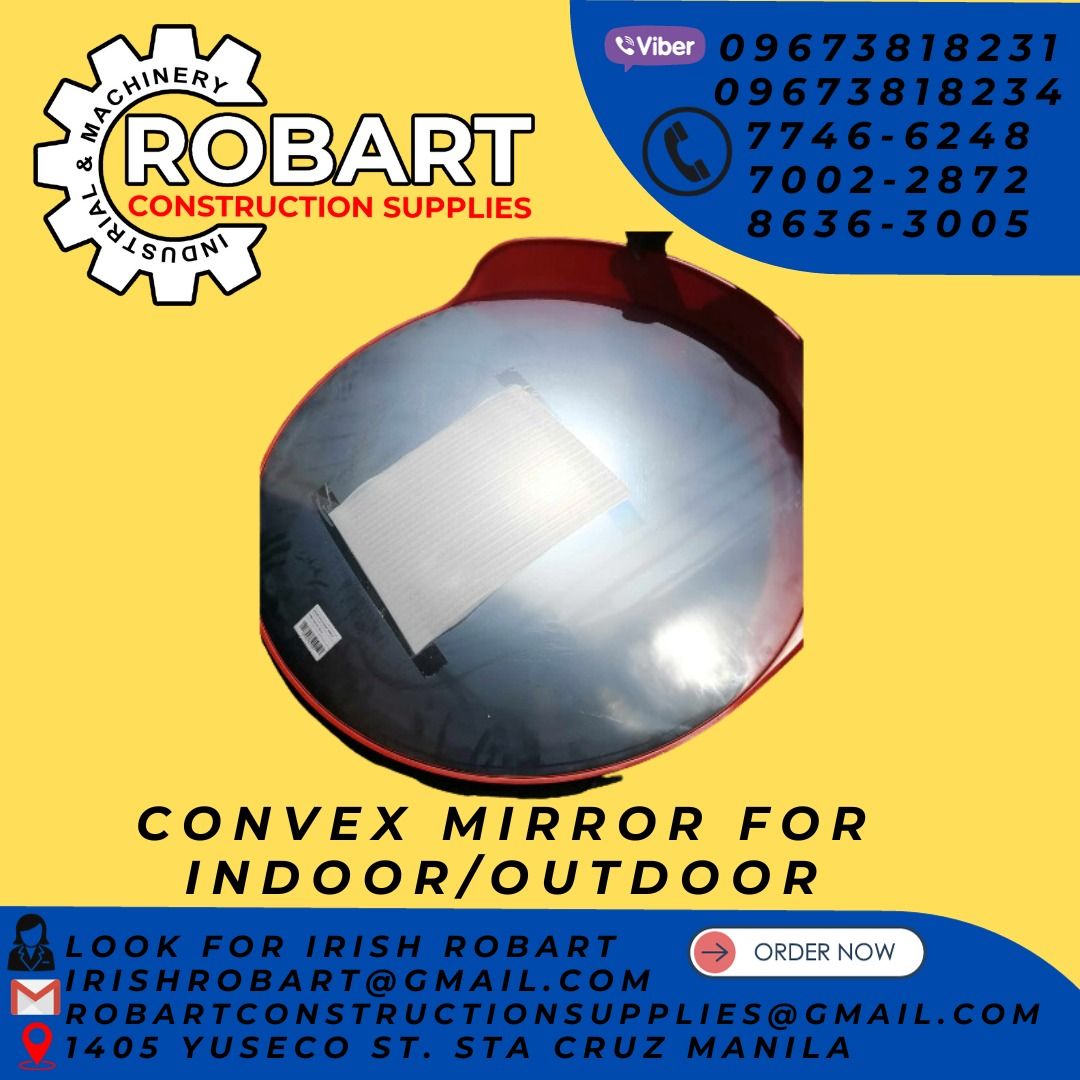 Convex mirror for indoor/outdoor (Category: Construction Tools & Equipment) located in Manila. Submitted by irishrobart_22 (Listing ID 1258754387, Image 1). Description: Convex mirror for indoor/outdoor Color: Orange Material: PE plastic frame, PC lens Width: 100 cm Height: 100 cm Code: JS-15 SEND US MESSAGE FOR INQUIRIES ‼️‼️ LOOK FOR IRISH ROBART CP#/VIBER : 09673818231/ 09673818234 LANDLINE : 8-6363005/ 7746-6248/7002-2872 GMAIL: IRISHROBART@G