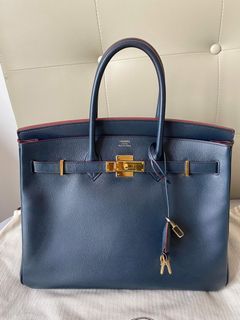 HERMES Birkin 30 Handbag Togo leather Navy Orange poppy Blue nuit Used A  SHW