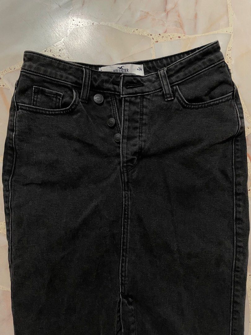 hollister black denim midi skirt