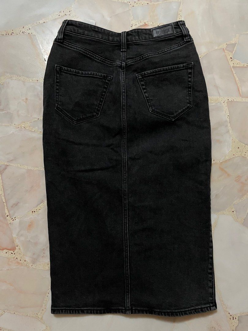 hollister black denim midi skirt