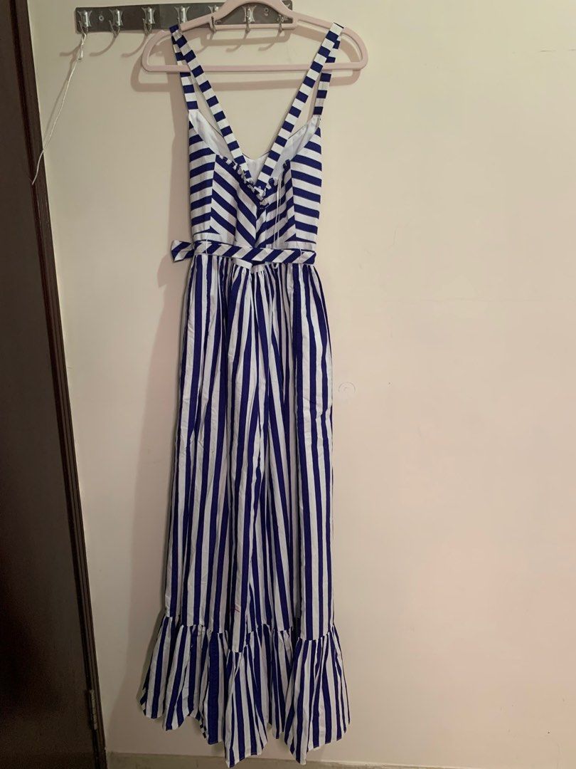 J crew stripe ruffle cotton 2025 maxi dress