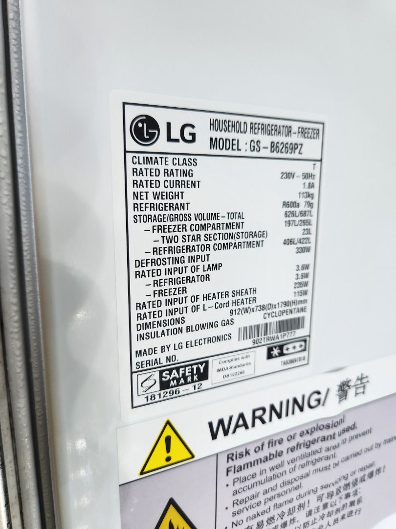 LG Side by Side Fridge 626L GSB6269PZ, TV & Home Appliances, Kitchen