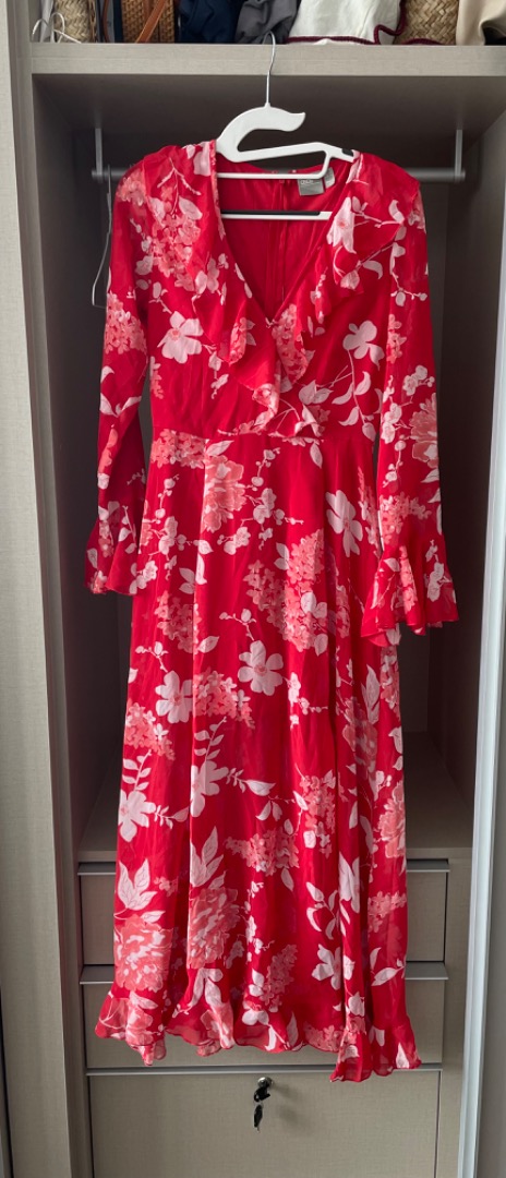 Long sleeved chiffon red floral dress Women s Fashion Dresses