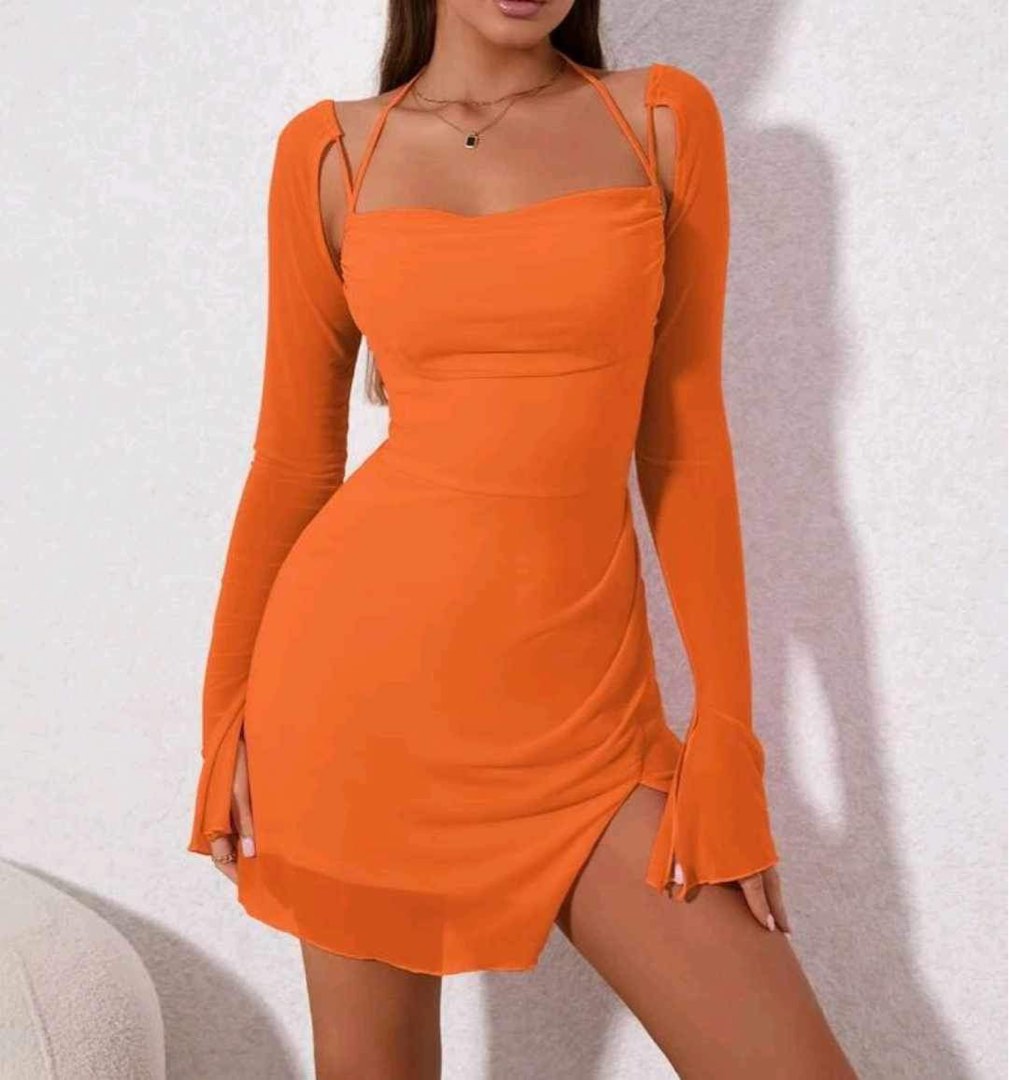 Parthea Orange Halter Cut Out Split Thigh Mesh Bodycon Dress Women S