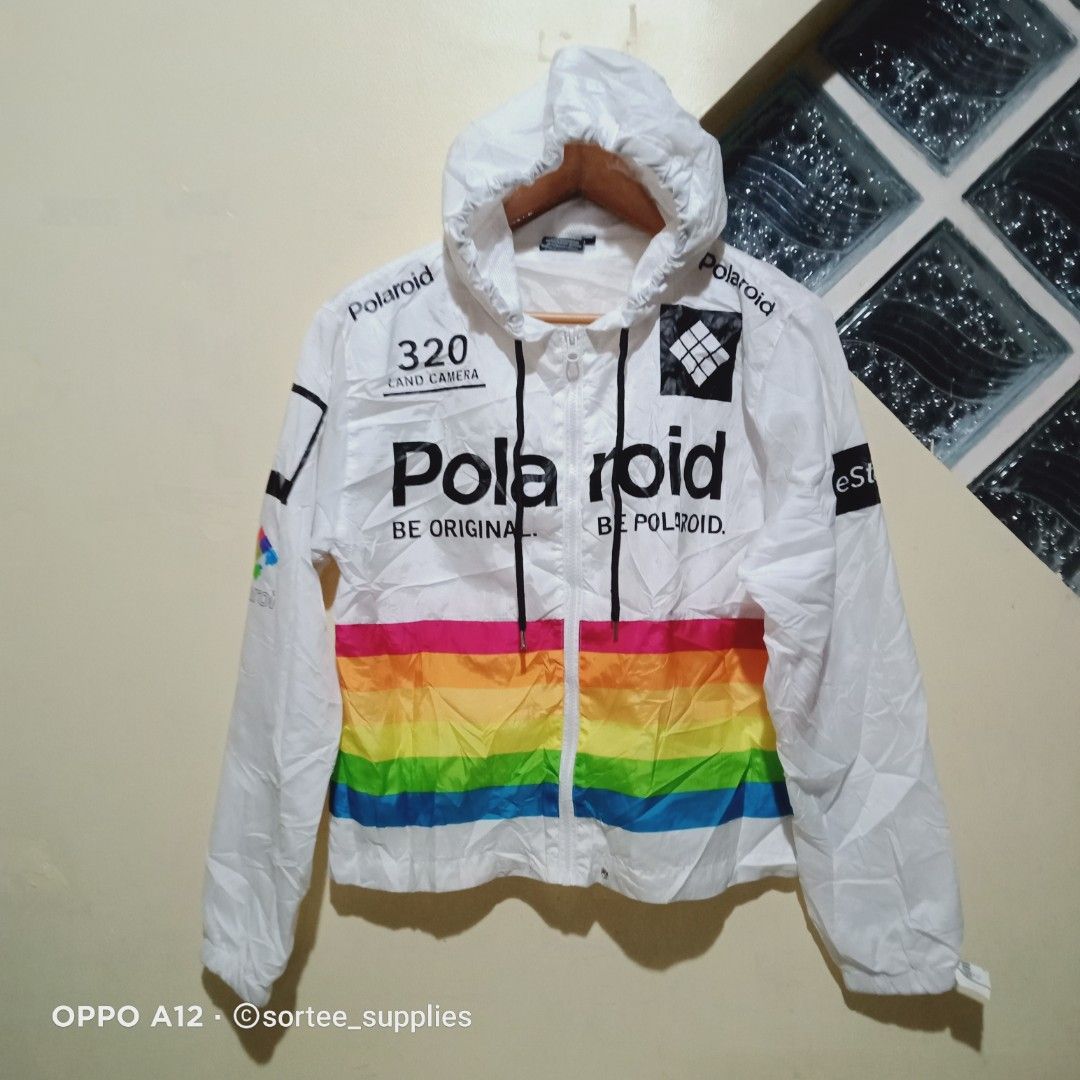 POLAROID VINTAGE UNISEX MENS WOMENS WINDBREAKER LIGHT ZIPPER JACKET HOODIE WHITE RAINBOW SMALL 19x23