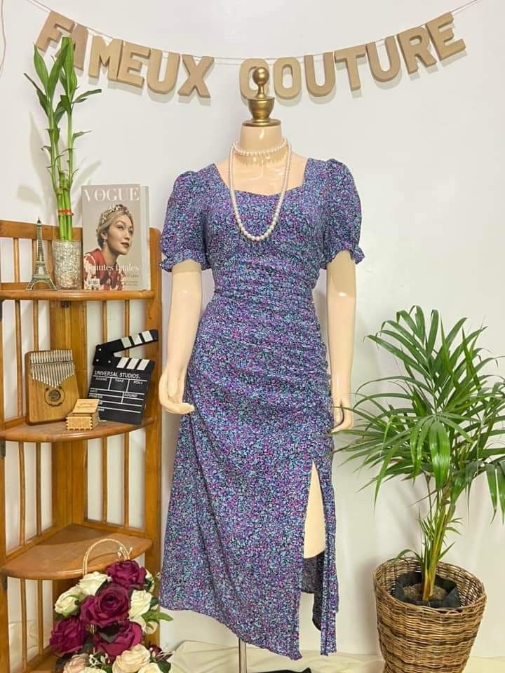 Premium Korean Trendy Midi Maxi Dress Puff Sleeves Ruches Slit Purple Dress  Formal Event Dress Fitted, Women's Fashion, Dresses & Sets, Dresses on  Carousell