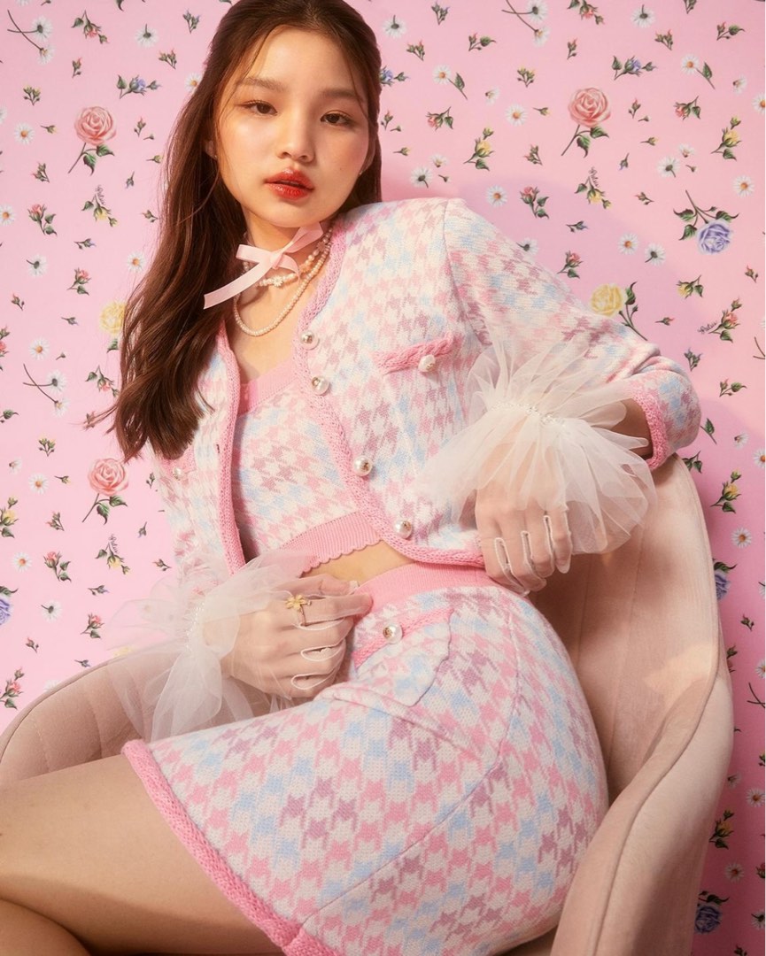 Sretsis x Pomelo SET Houndstooth Cardigan Camisole Top Skirt