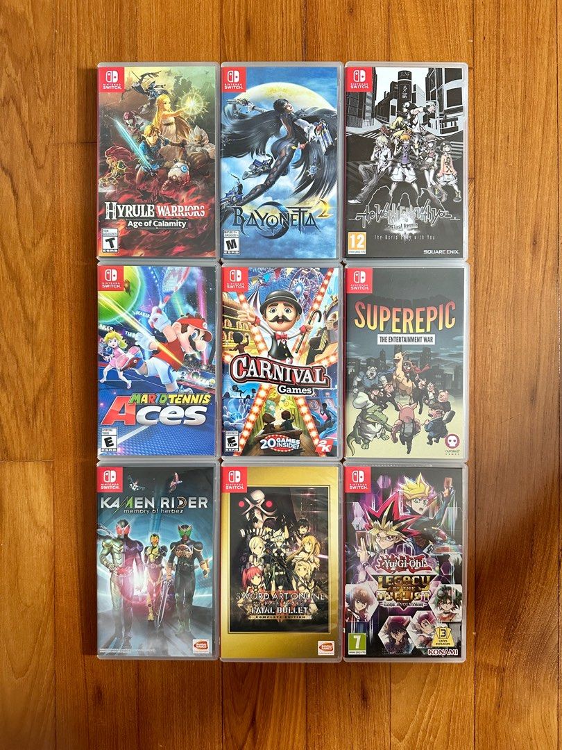 Switch game Hyrule warriors age of calamity / Bayonetta 2 / The world ends  with you / Mario Tennis