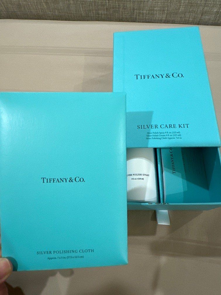 Tiffany Silver Care Kit with silver polish cream, polish spray and cloth.