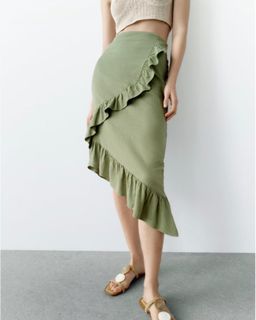 Zara green linen asymmetrical skirt