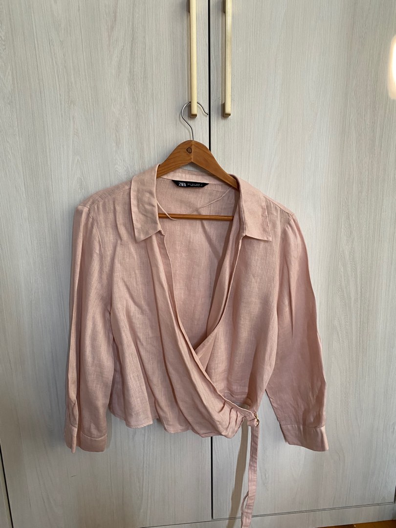 Zara Linen Wrap shirt (Pink Green), Women's Fashion, Tops
