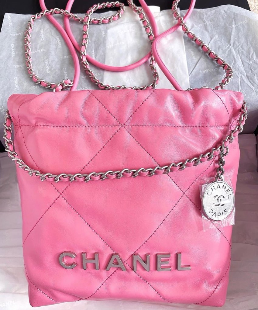 AUTHENTIC CHANEL C22 MINI PINK CALFSKIN IN MATTE SILVER HARDWARE