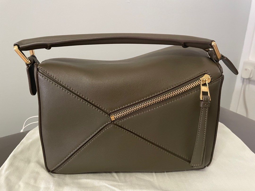 Authentic Loewe Puzzle Bag Small in Dark Khaki Green with GHW