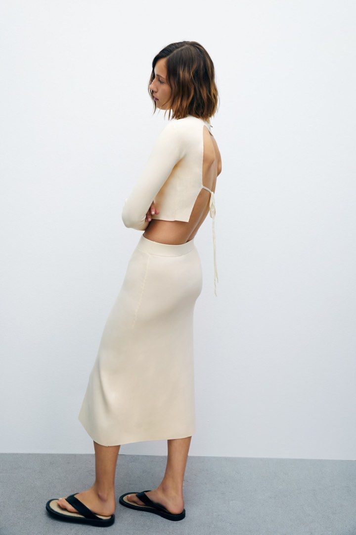 white christmas dresses Zara Crochet Cream Ribbed Midi Dress main image 1