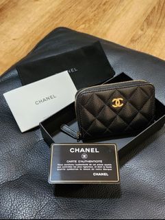 AUTHENTIC CHANEL ICON ZIP-AROUND LONG WALLET CHAMPAGNE GOLD PATENT LEATHER  PURSE