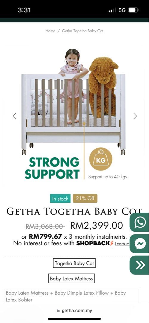 Getha togetha baby cot + mattress, Babies & Kids, Baby Nursery & Kids