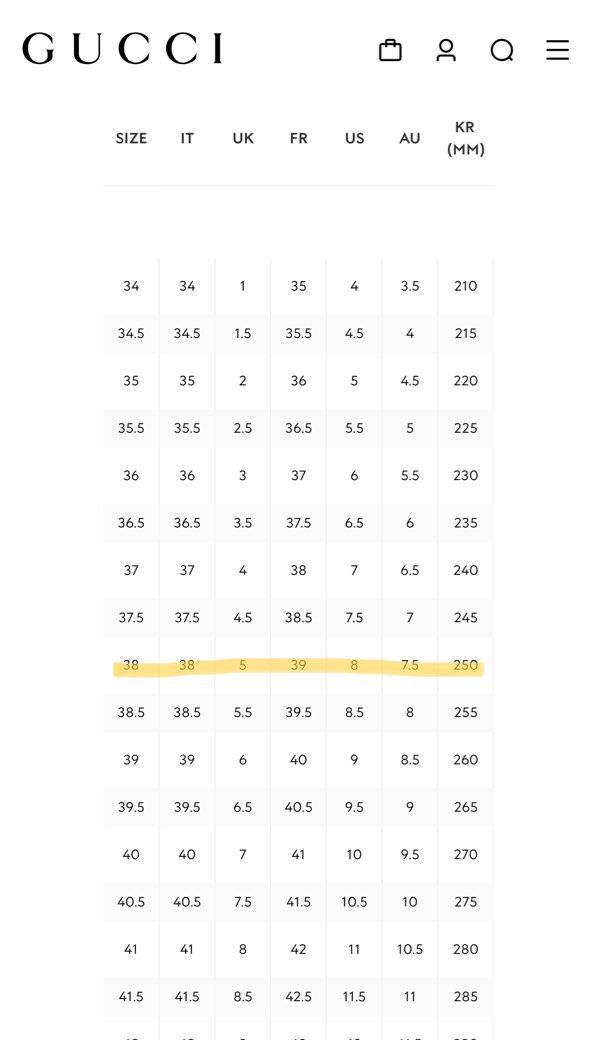 Gucci ace size hotsell chart