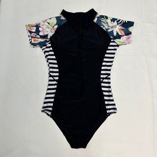 [LARGE] Floral Short Sleeves Stripeside Front Zip Padded One-Piece Round Neck Rashguard Suit