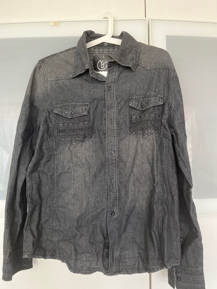 Mens black denim button up shirt sales